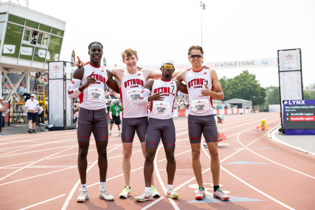 (Ottawa, Canada---03 August 2025) /Ange-Mathis Kramo, William Sanders, Ayoub Shangai, and Zachary Jeggo/ competes on Day 5 of the Canadian Track and Field Championships presented by Bell at the Terry Fox Athletic Facility.